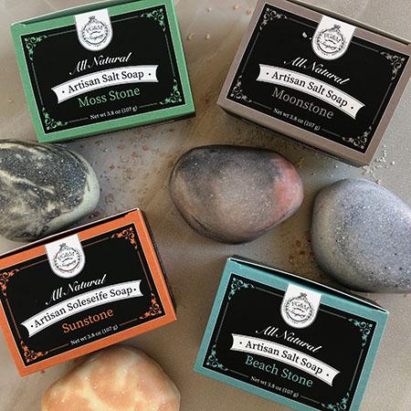 all natural artisan salt soaps, design inspired by stones found in nature, moss stone, moonstone, sunstone, beach-stone